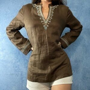 Linen Brown Embroidered Blouse